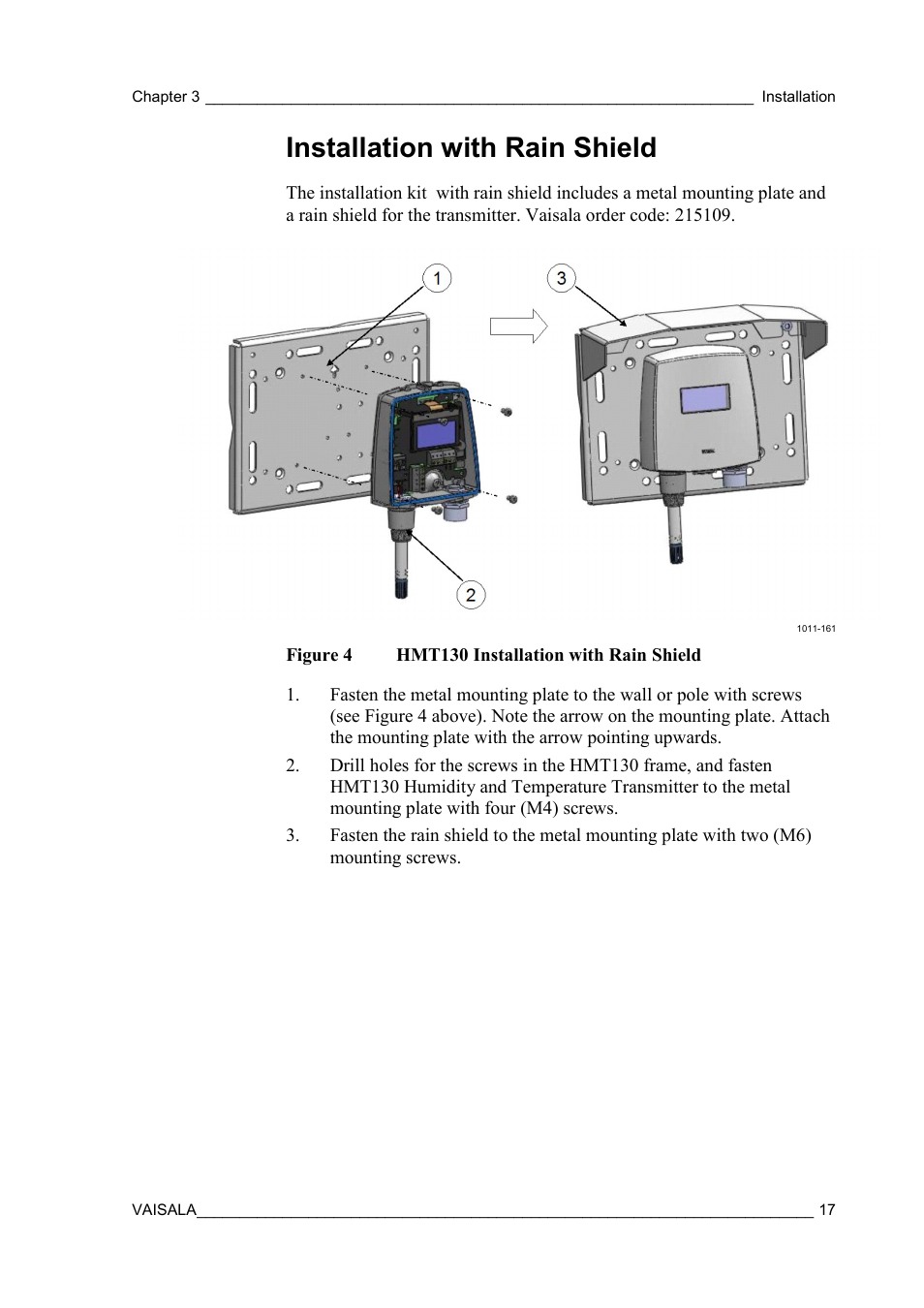 Installation with rain shield, Figure 4, Hmt130 installation with rain shield | Vaisala HMT130 User Manual | Page 19 / 95
