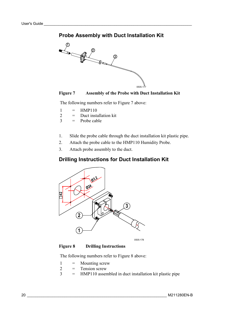 Probe assembly with duct installation kit, Drilling instructions for duct installation kit, Figure 7 | Assembly of the probe with duct installation kit, Figure 8, Drilling instructions | Vaisala HMT130 User Manual | Page 22 / 95