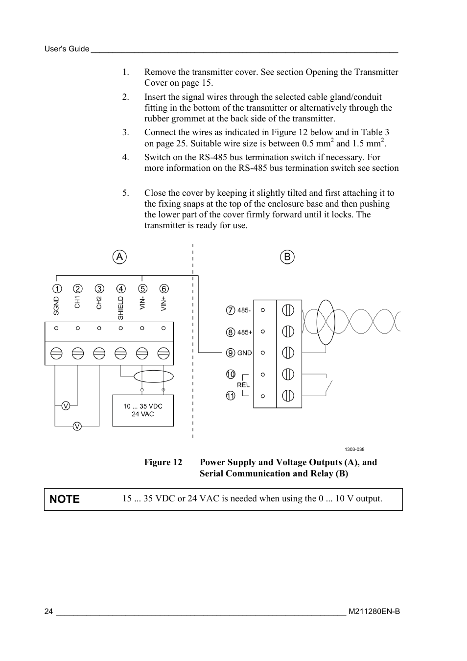 Figure 12, Power supply and voltage outputs (a), and serial, Communication and relay (b) | Vaisala HMT130 User Manual | Page 26 / 95