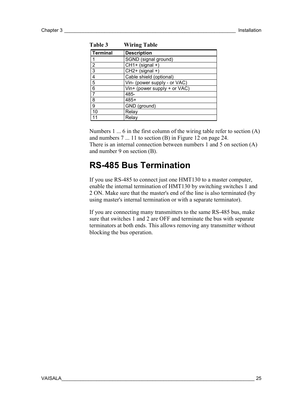 Rs-485 bus termination, Table 3, Wiring table | N table 3 | Vaisala HMT130 User Manual | Page 27 / 95