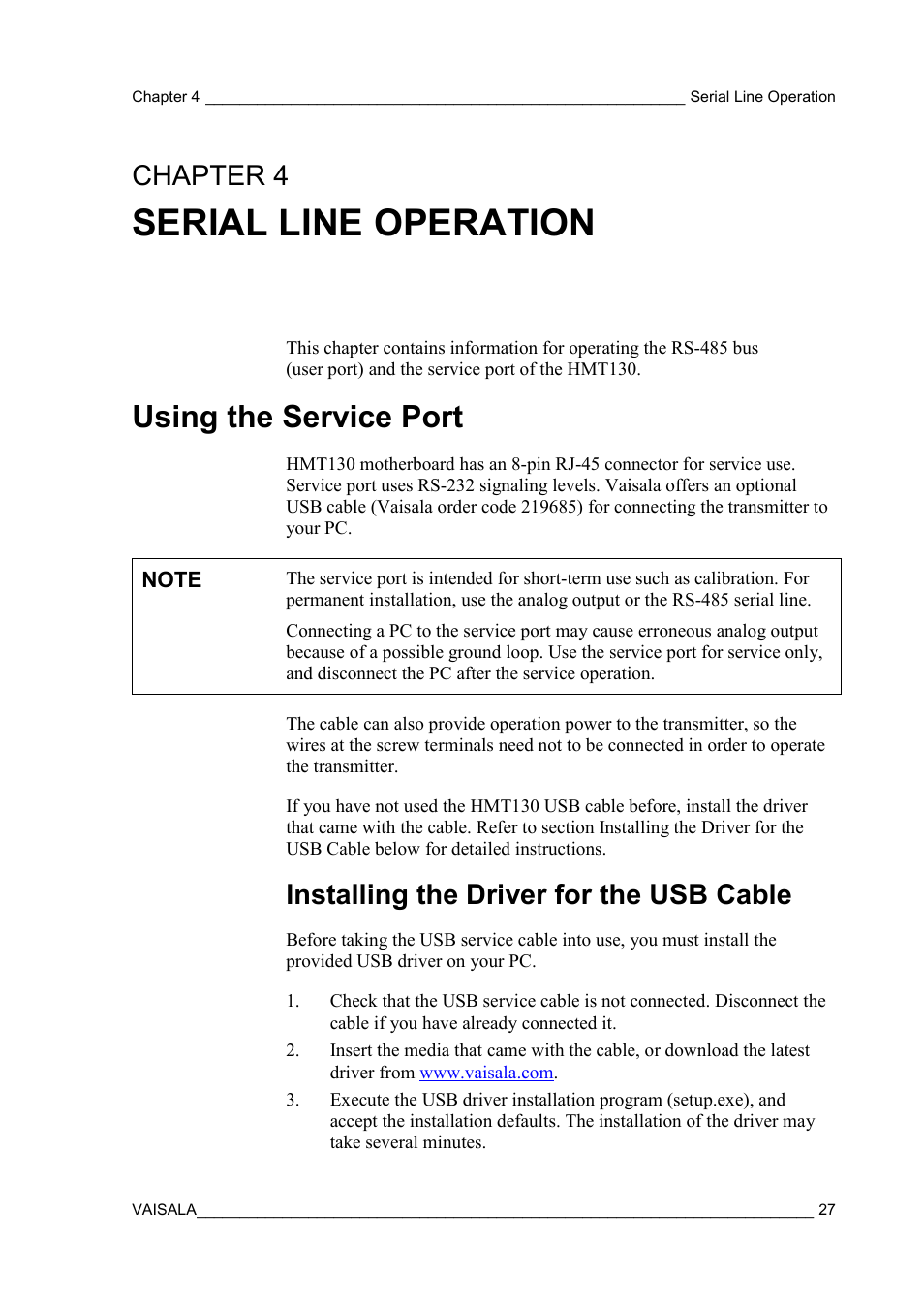 Serial line operation, Using the service port, Installing the driver for the usb cable | Chapter 4, Chapter 4, serial line operation | Vaisala HMT130 User Manual | Page 29 / 95