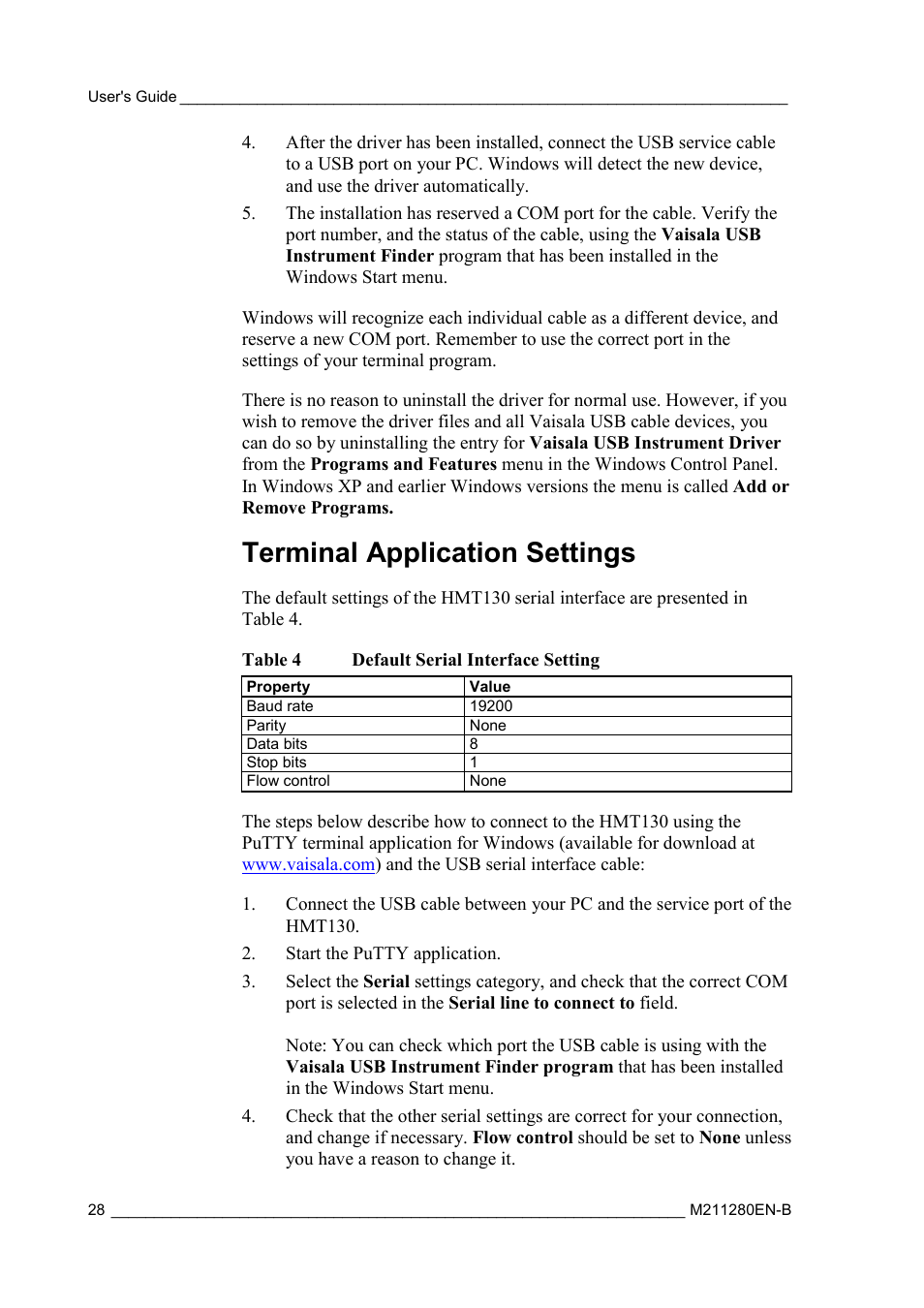 Terminal application settings, Table 4, Default serial interface setting | Vaisala HMT130 User Manual | Page 30 / 95