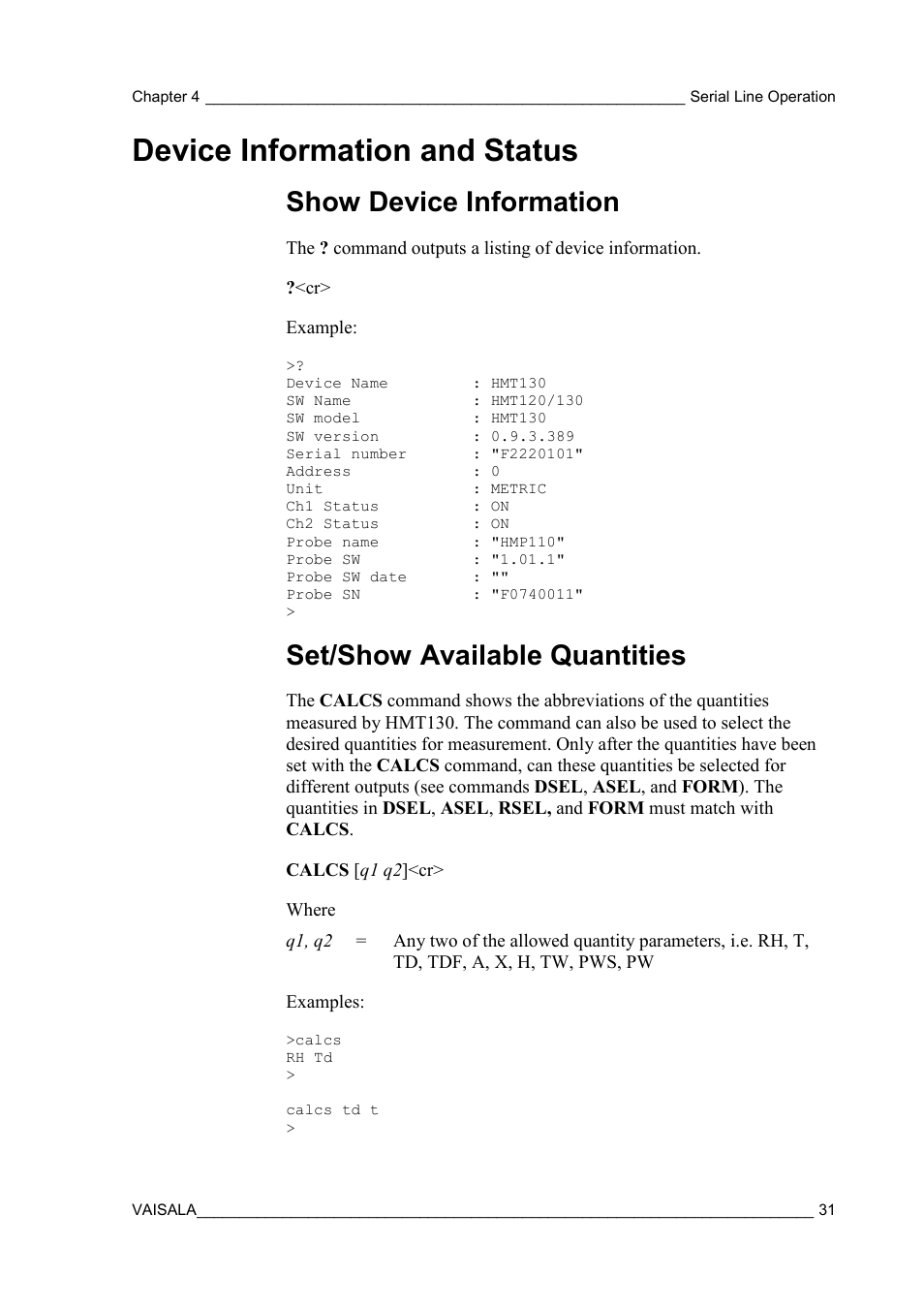 Device information and status, Show device information, Set/show available quantities | Vaisala HMT130 User Manual | Page 33 / 95