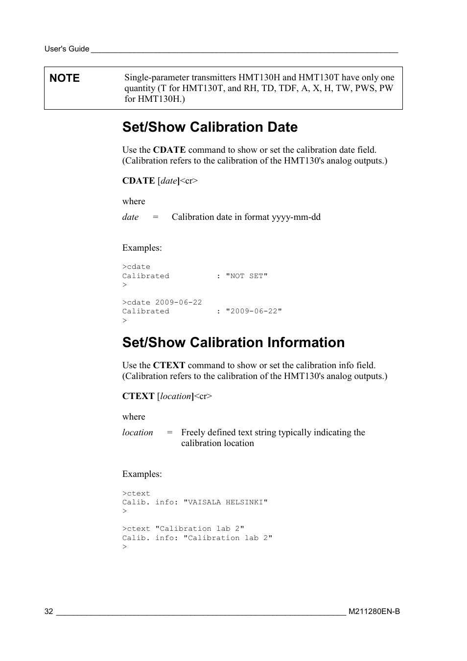 Set/show calibration date, Set/show calibration information | Vaisala HMT130 User Manual | Page 34 / 95