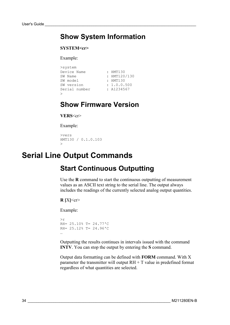 Show system information, Show firmware version, Serial line output commands | Start continuous outputting | Vaisala HMT130 User Manual | Page 36 / 95