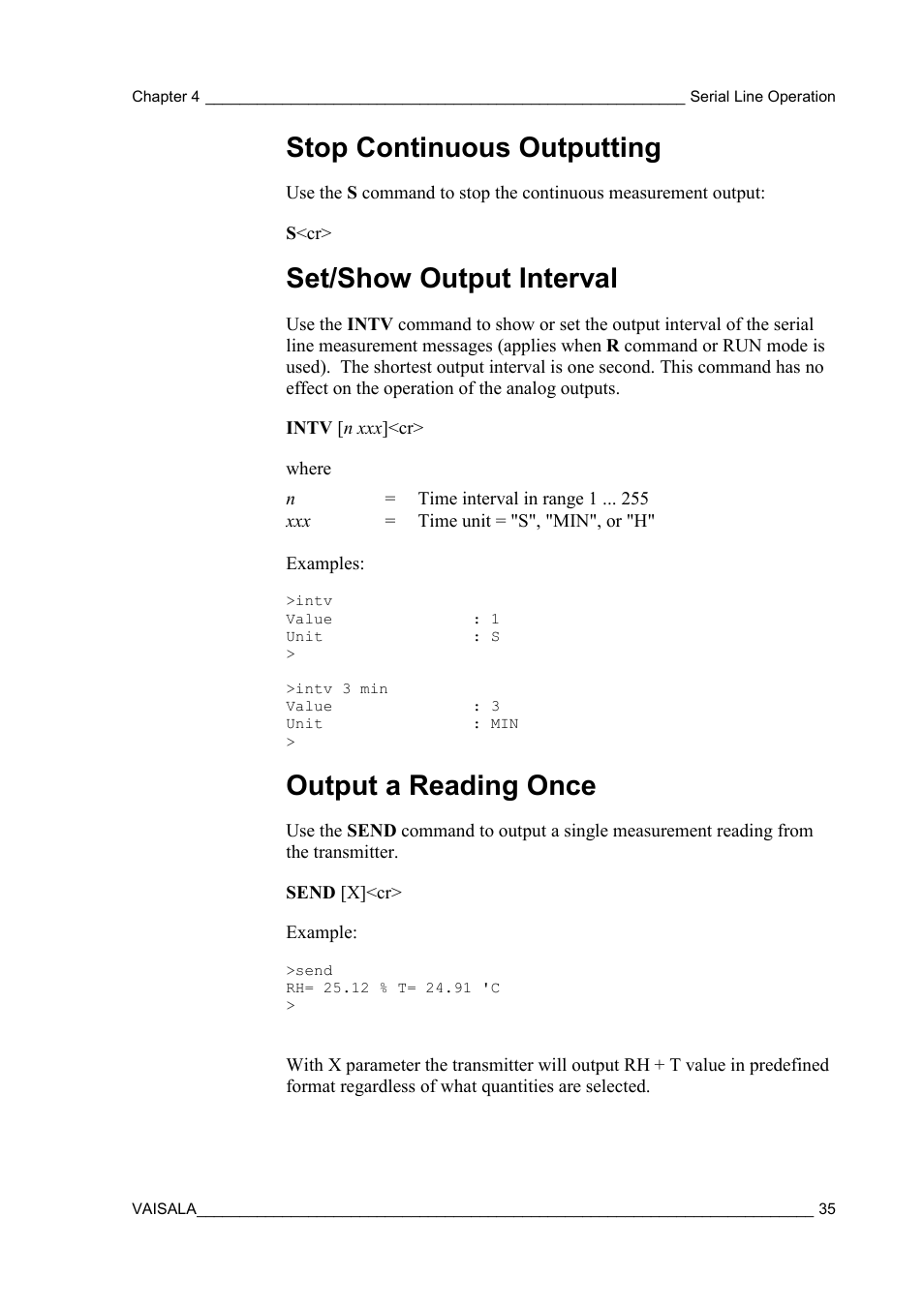 Stop continuous outputting, Set/show output interval, Output a reading once | Vaisala HMT130 User Manual | Page 37 / 95