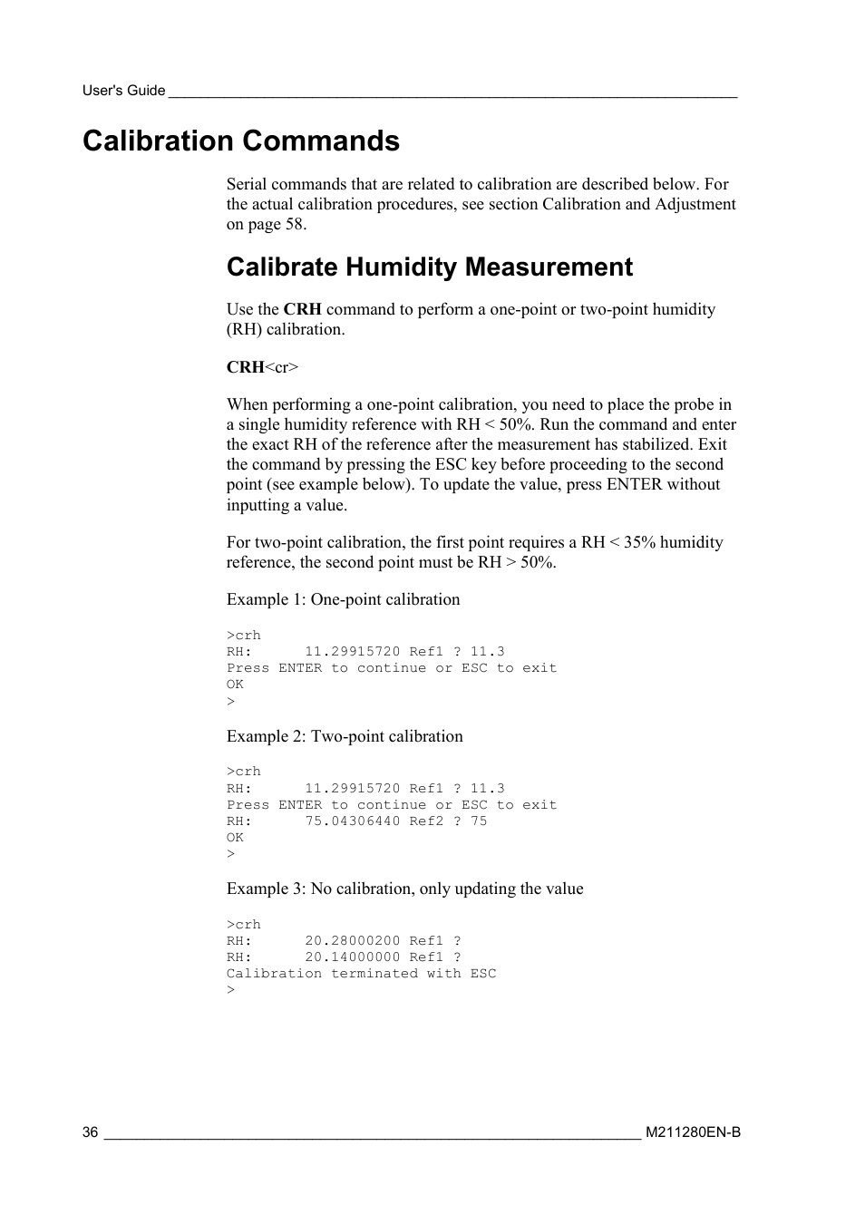 Calibration commands, Calibrate humidity measurement | Vaisala HMT130 User Manual | Page 38 / 95