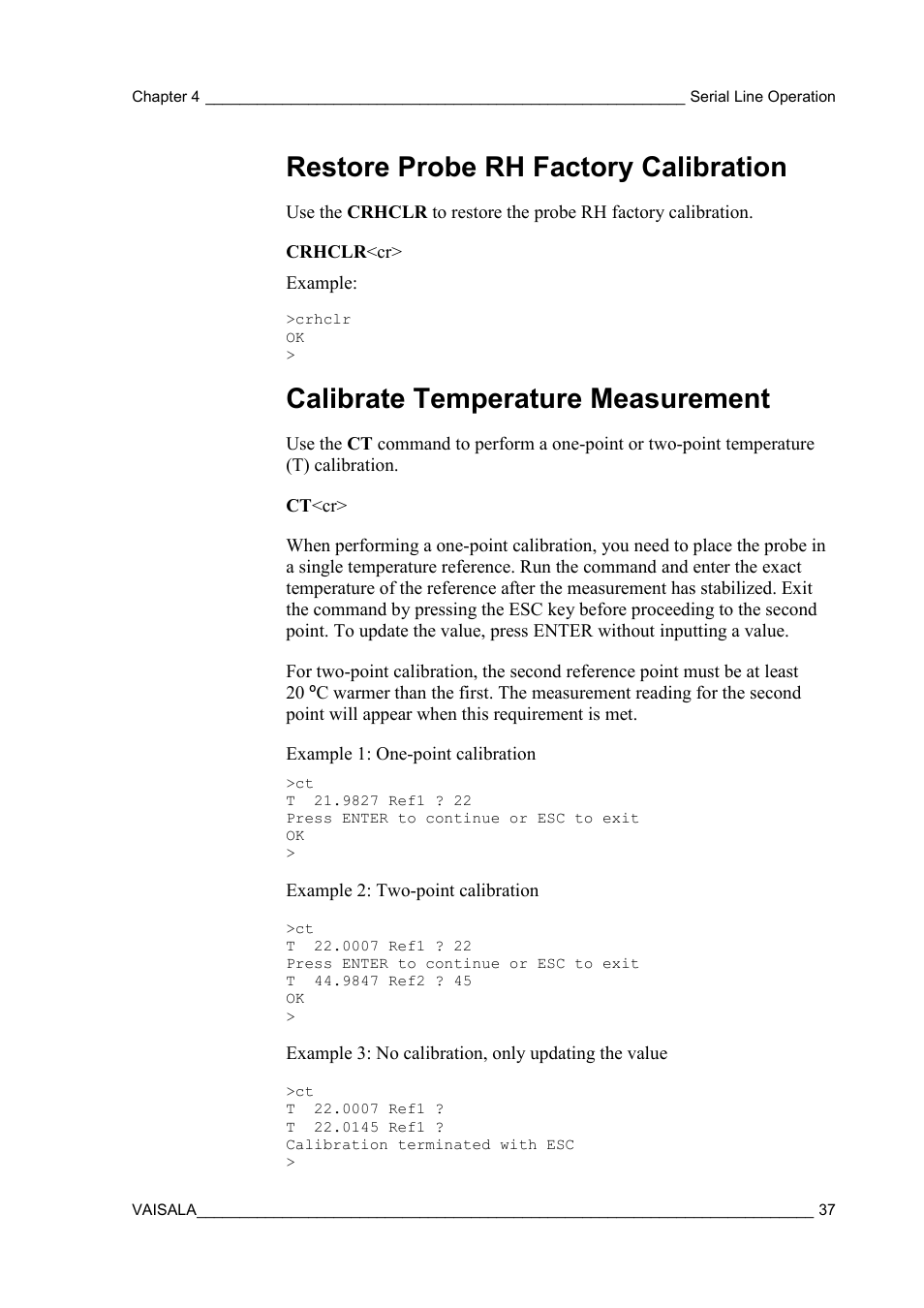 Restore probe rh factory calibration, Calibrate temperature measurement | Vaisala HMT130 User Manual | Page 39 / 95