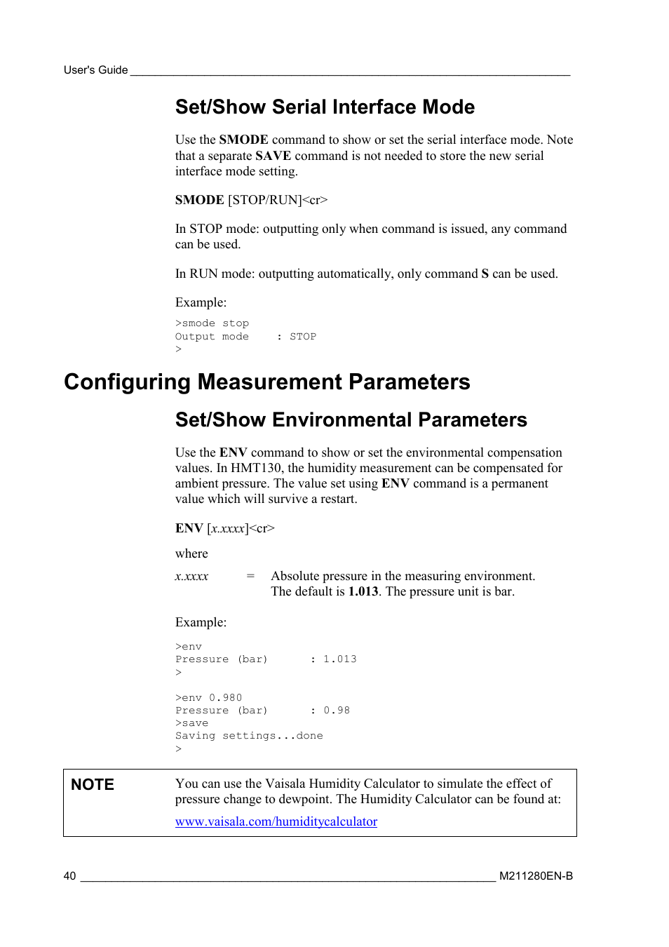 Set/show serial interface mode, Configuring measurement parameters, Set/show environmental parameters | Vaisala HMT130 User Manual | Page 42 / 95