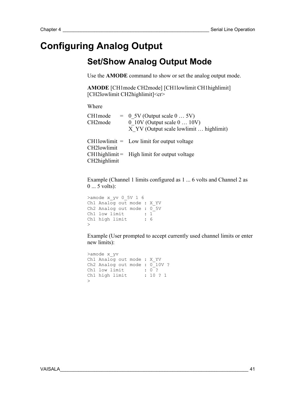 Configuring analog output, Set/show analog output mode | Vaisala HMT130 User Manual | Page 43 / 95