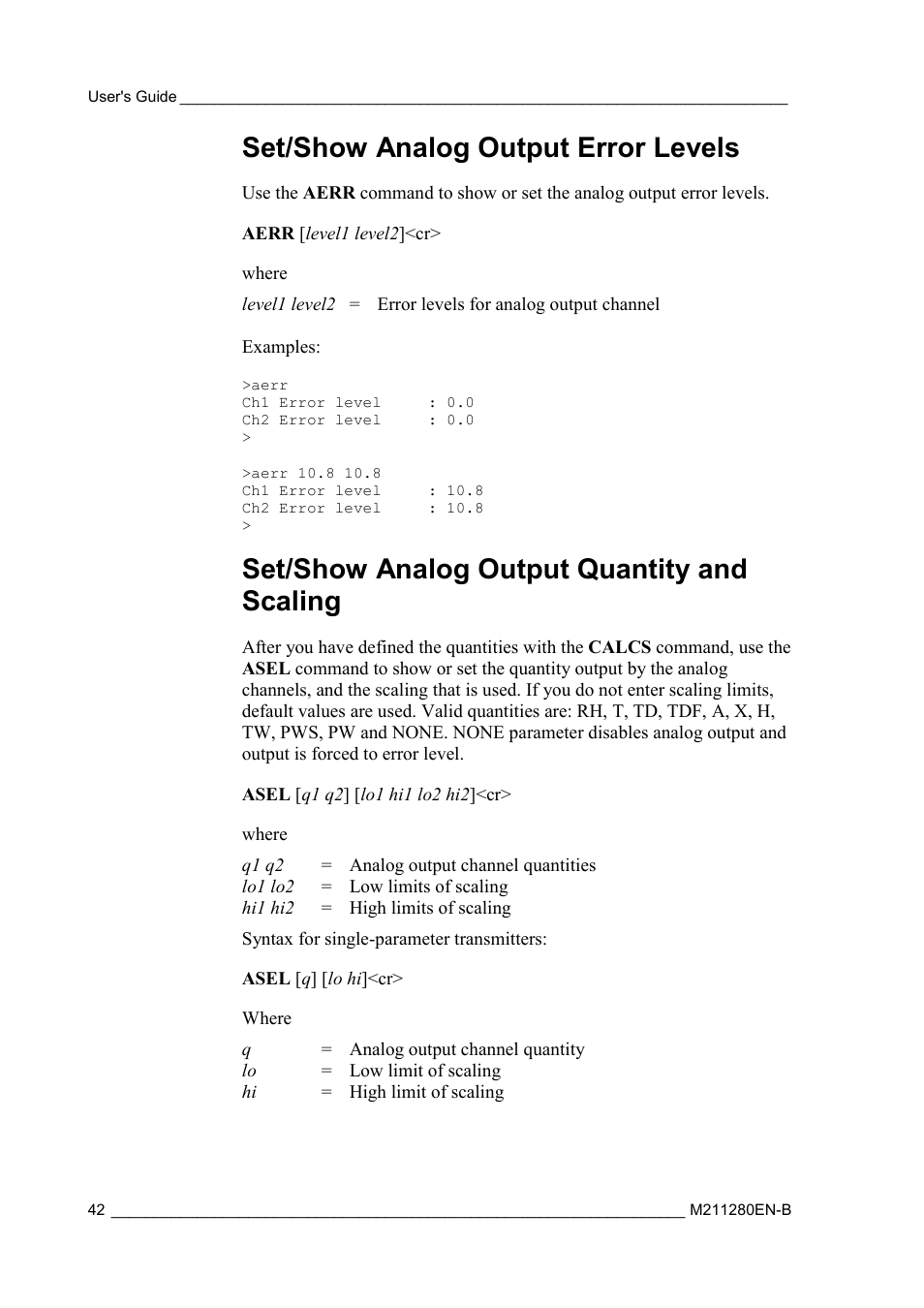 Set/show analog output error levels, Set/show analog output quantity and scaling | Vaisala HMT130 User Manual | Page 44 / 95