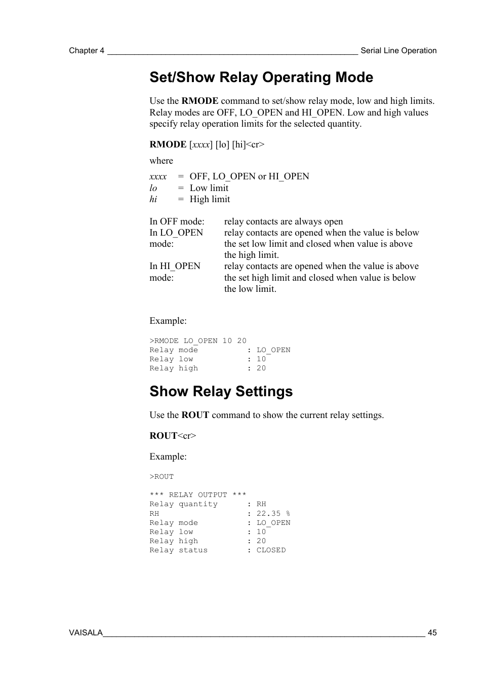 Set/show relay operating mode, Show relay settings | Vaisala HMT130 User Manual | Page 47 / 95