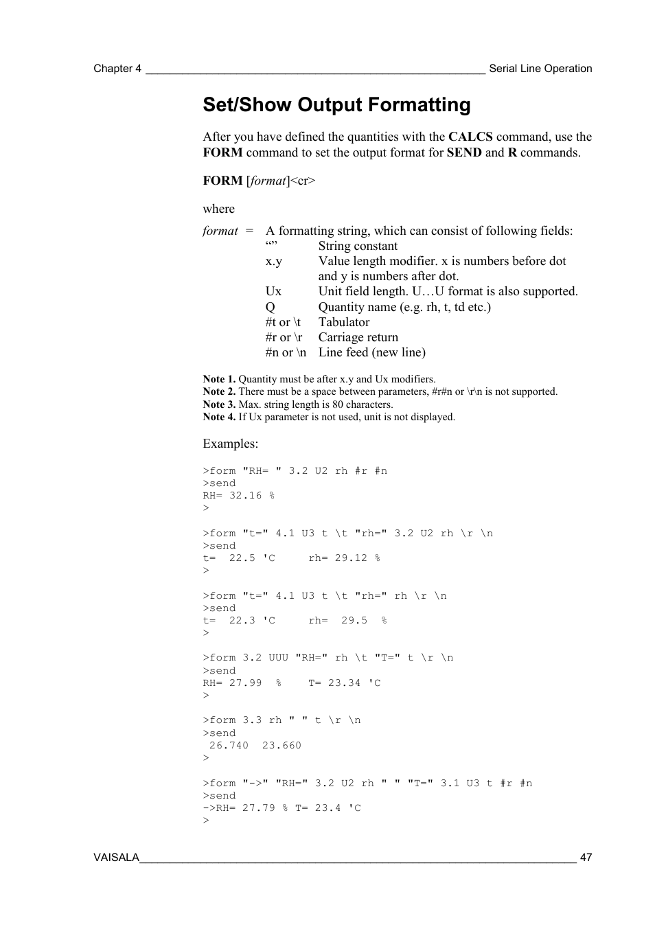 Set/show output formatting | Vaisala HMT130 User Manual | Page 49 / 95
