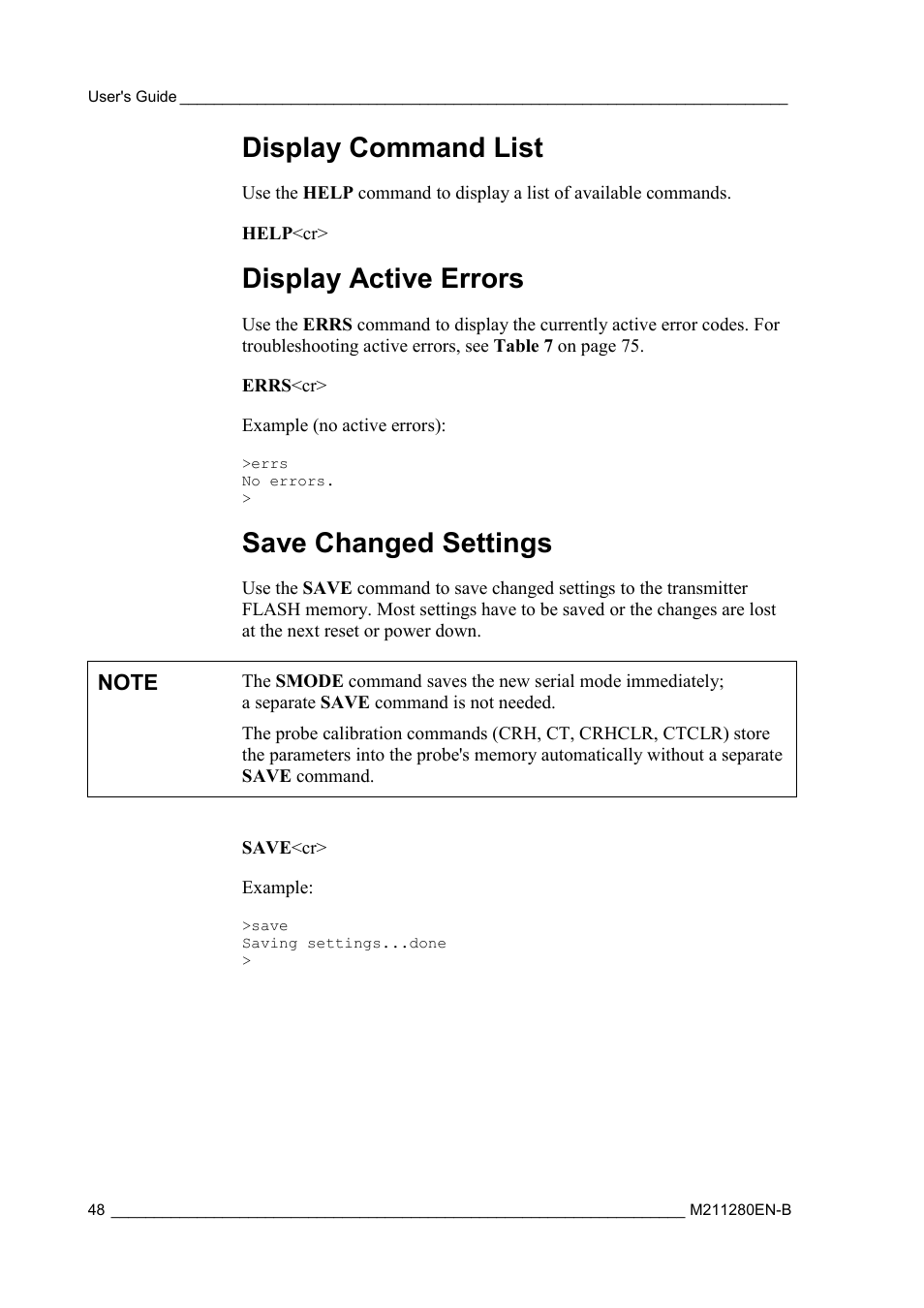 Display command list, Display active errors, Save changed settings | Vaisala HMT130 User Manual | Page 50 / 95