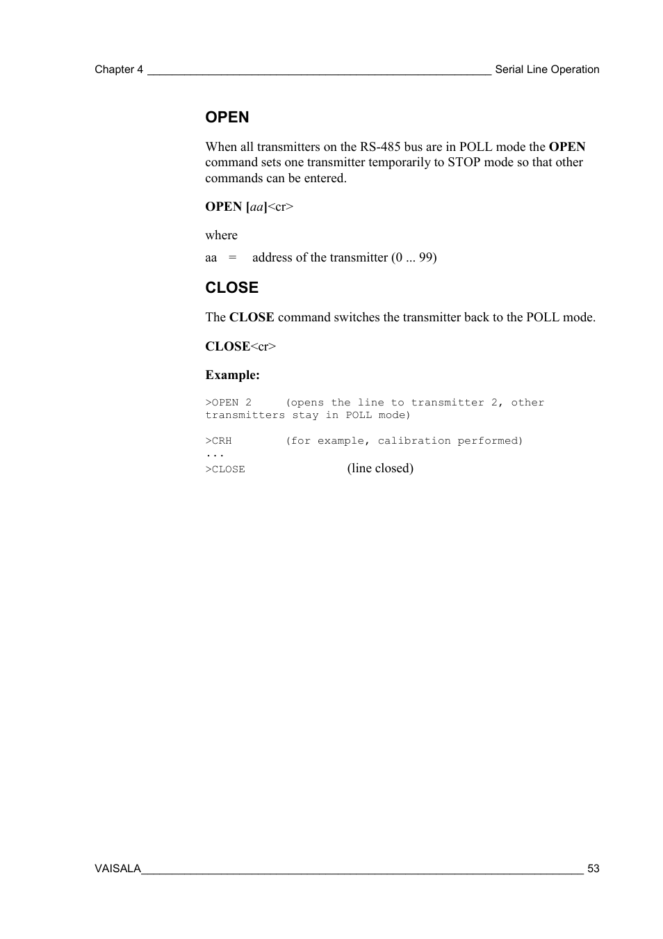 Open, Close | Vaisala HMT130 User Manual | Page 55 / 95