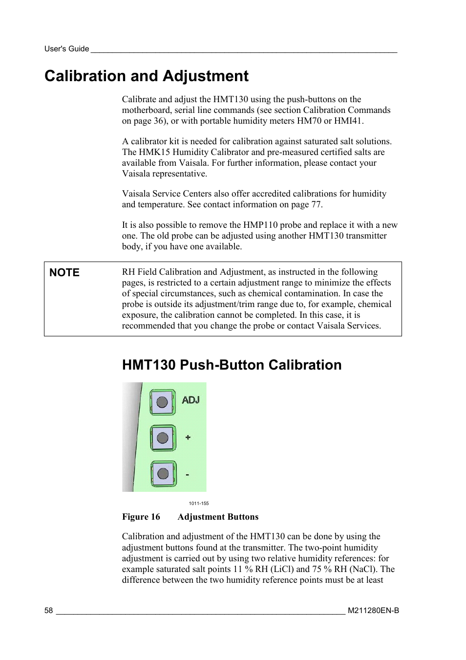 Calibration and adjustment, Hmt130 push-button calibration, Figure 16 | Adjustment buttons | Vaisala HMT130 User Manual | Page 60 / 95