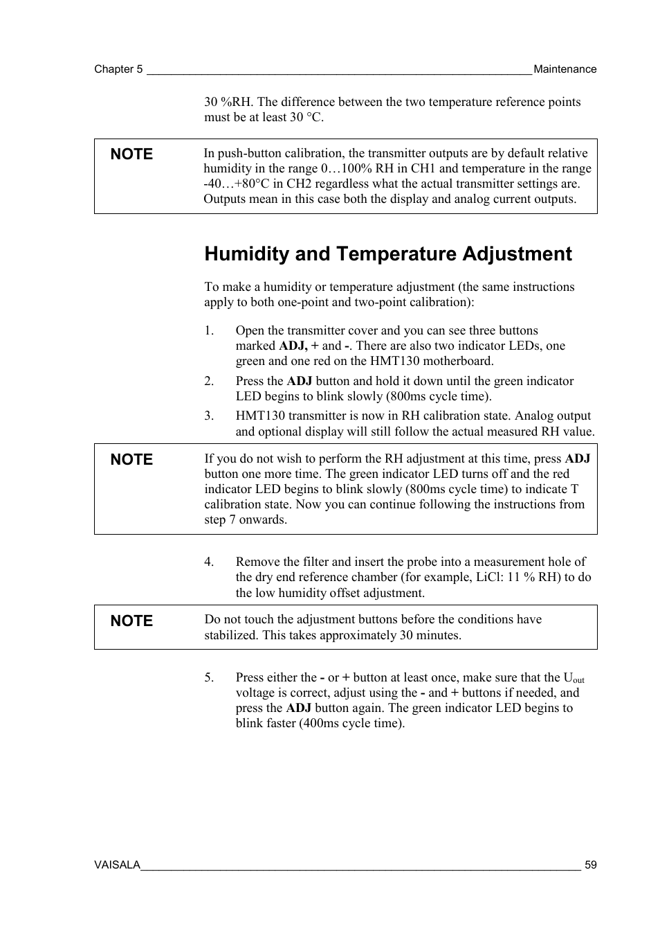 Humidity and temperature adjustment | Vaisala HMT130 User Manual | Page 61 / 95