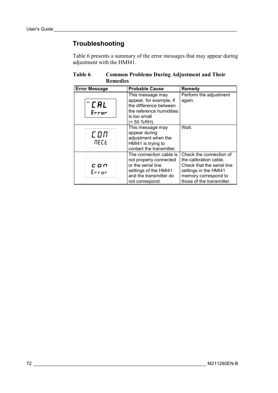 Troubleshooting, Table 6 | Vaisala HMT130 User Manual | Page 74 / 95