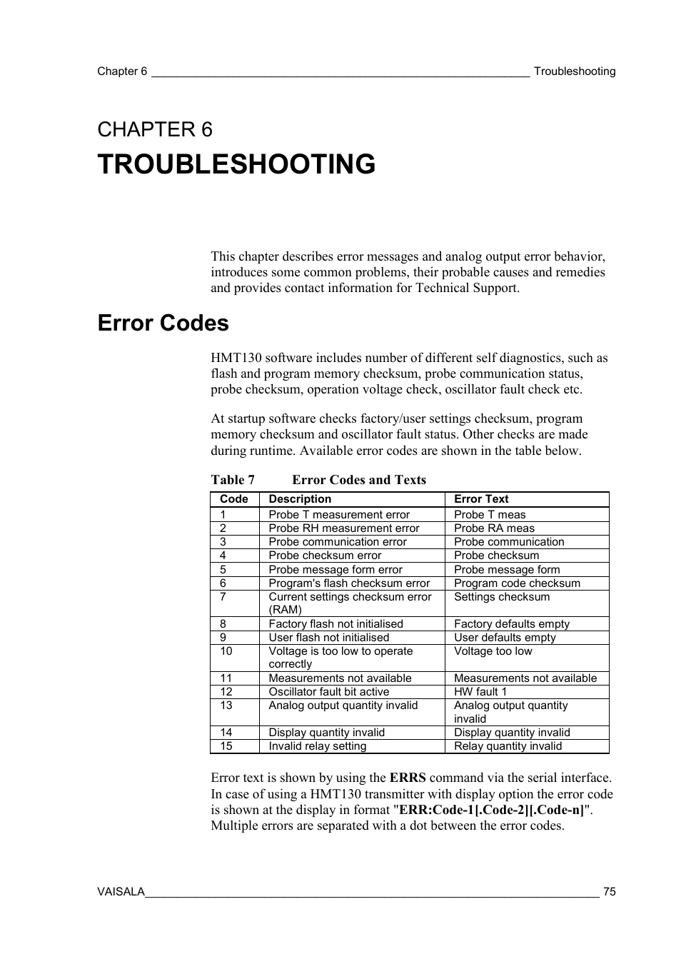 Troubleshooting, Error codes, Chapter 6 | Table 7, Error codes and texts, Chapter 6, troubleshooting | Vaisala HMT130 User Manual | Page 77 / 95