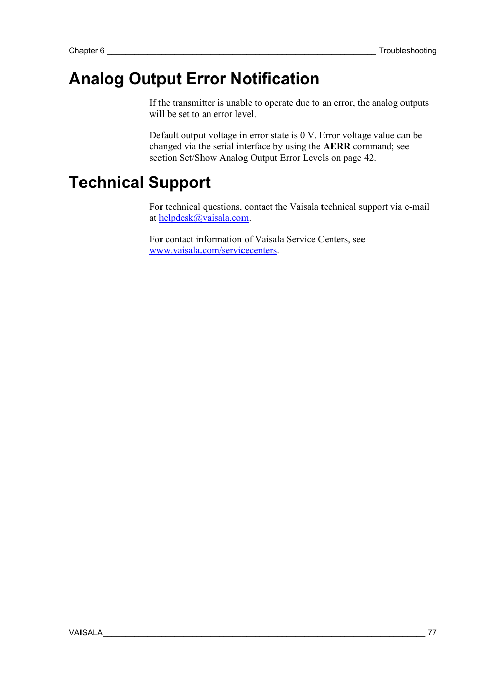Analog output error notification, Technical support | Vaisala HMT130 User Manual | Page 79 / 95