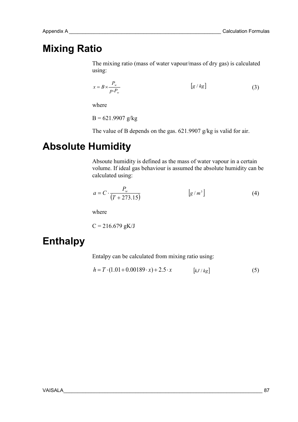 Mixing ratio, Absolute humidity, Enthalpy | Vaisala HMT130 User Manual | Page 89 / 95