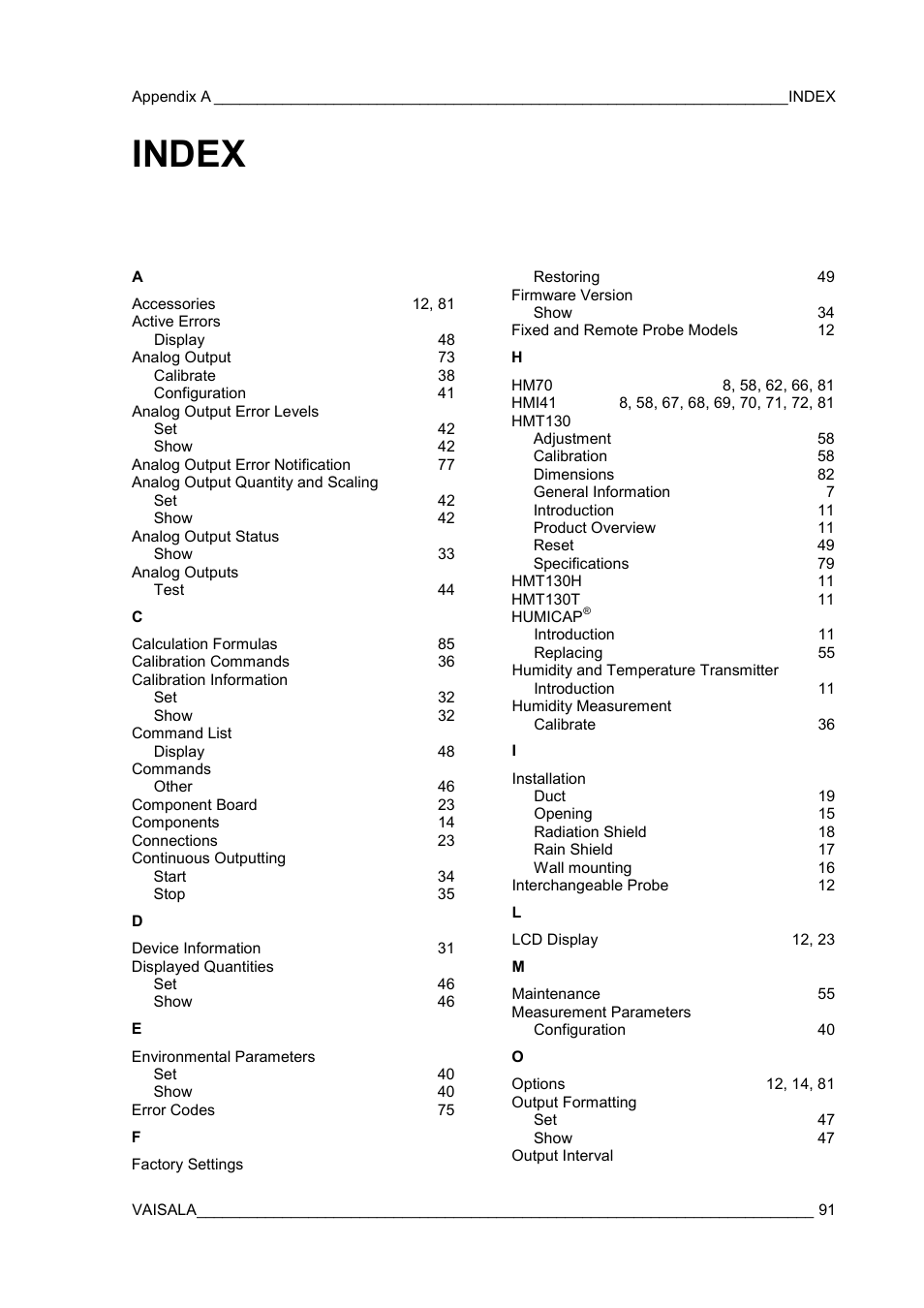 Index | Vaisala HMT130 User Manual | Page 93 / 95