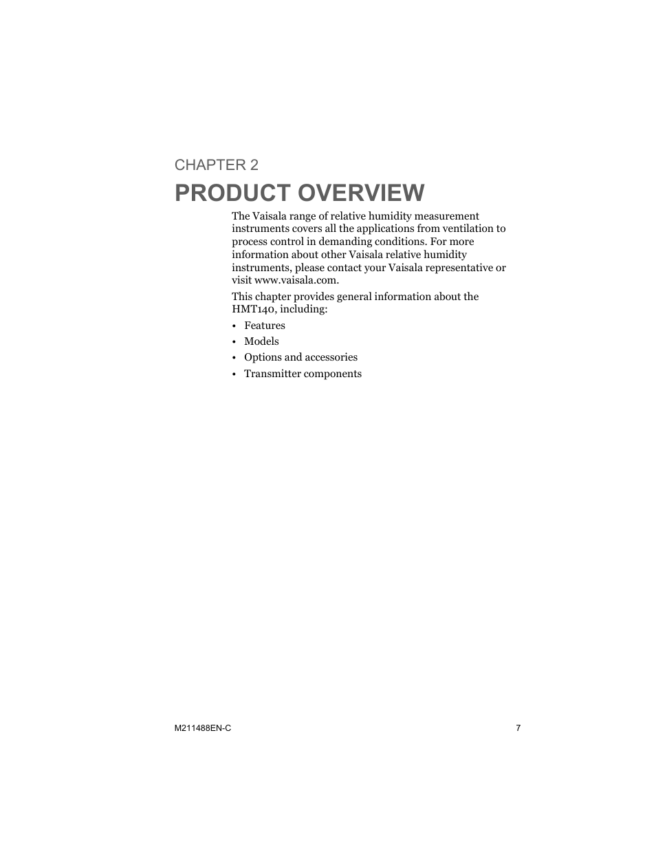 Chapter 2 product overview, Chapter, Product overview | Chapter 2 | Vaisala HMT140 User Manual | Page 15 / 76