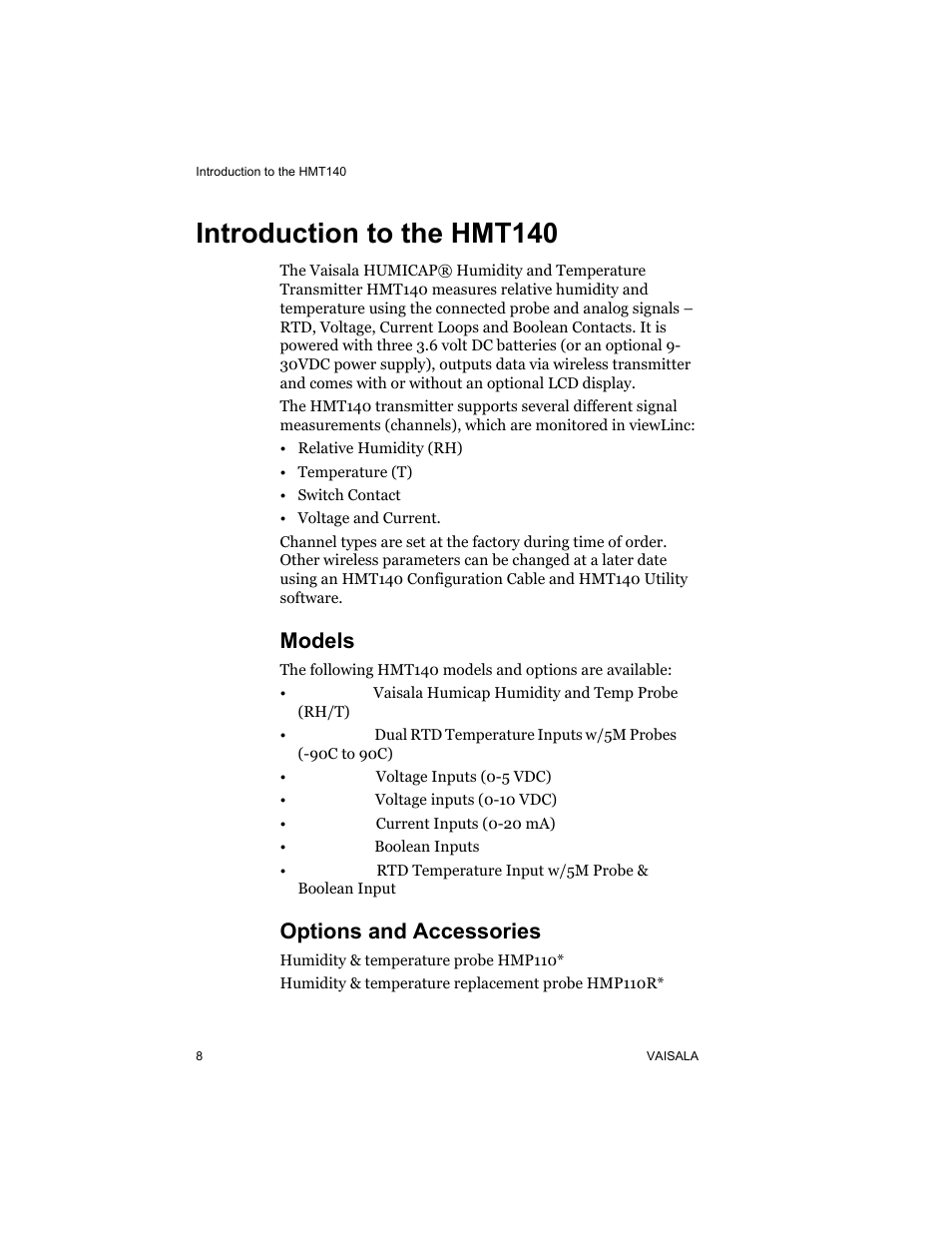 Introduction to the hmt140, Models, Options and accessories | Models options and accessories | Vaisala HMT140 User Manual | Page 16 / 76