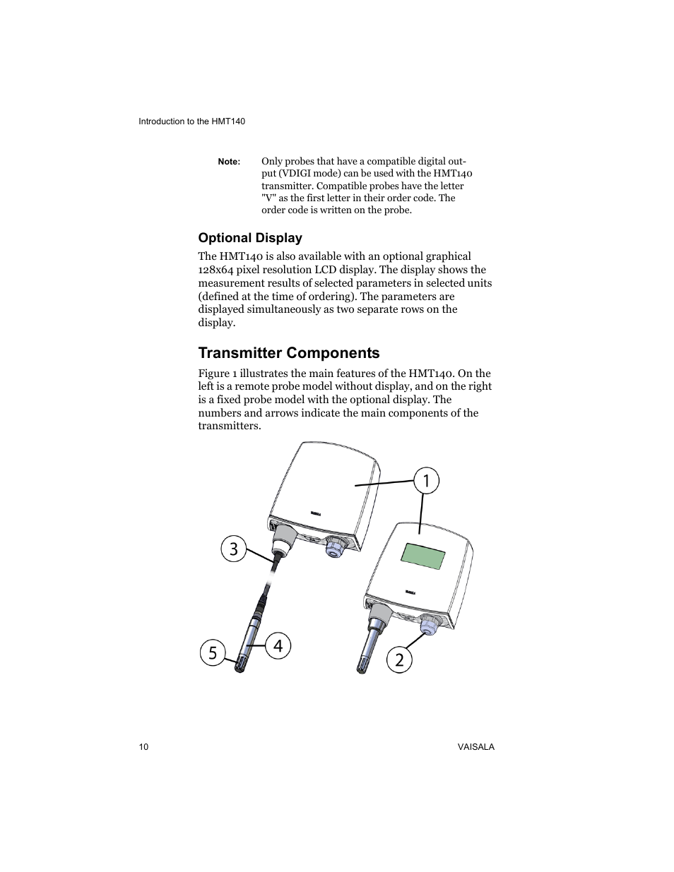 Optional display, Transmitter components | Vaisala HMT140 User Manual | Page 18 / 76