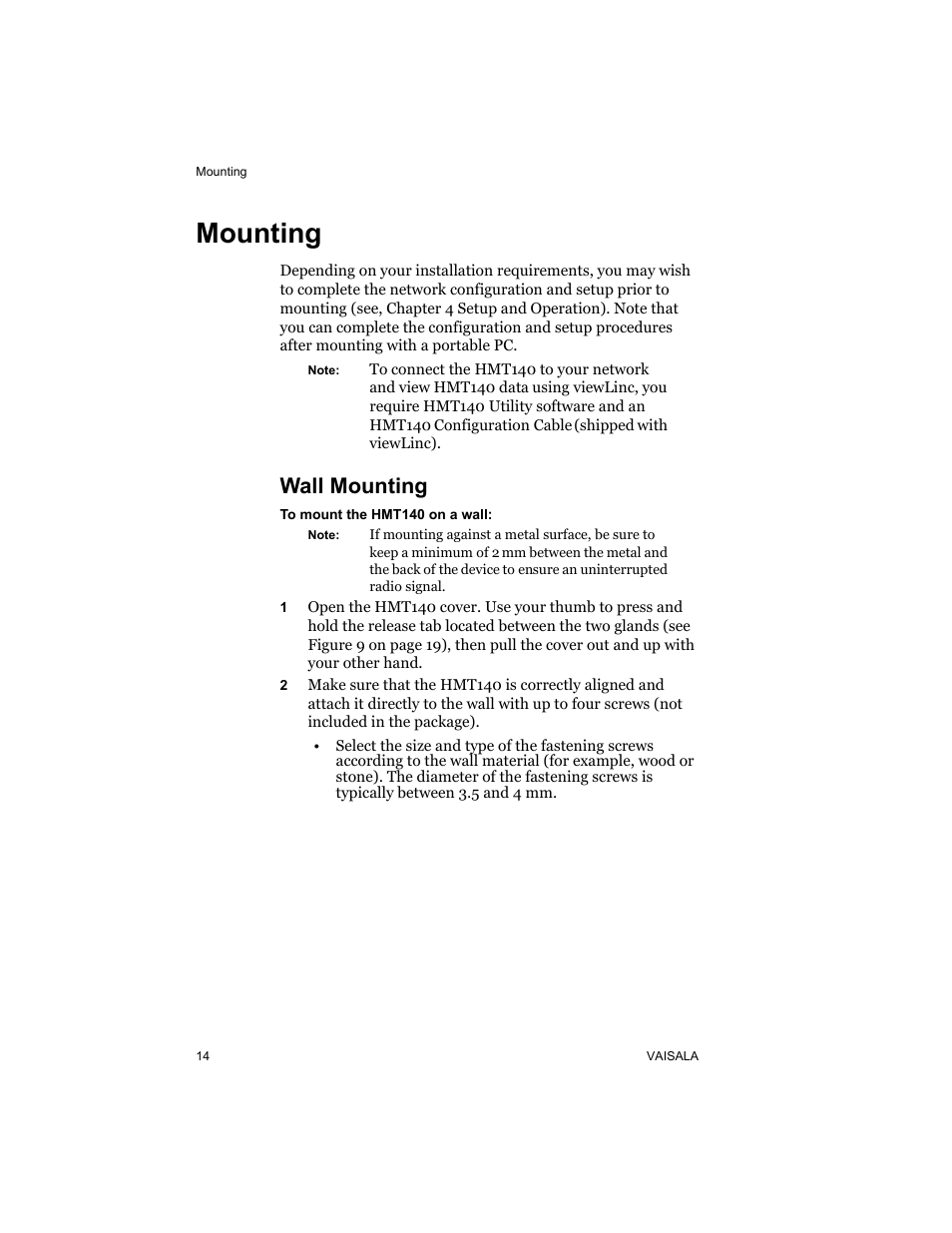 Mounting, Wall mounting | Vaisala HMT140 User Manual | Page 22 / 76