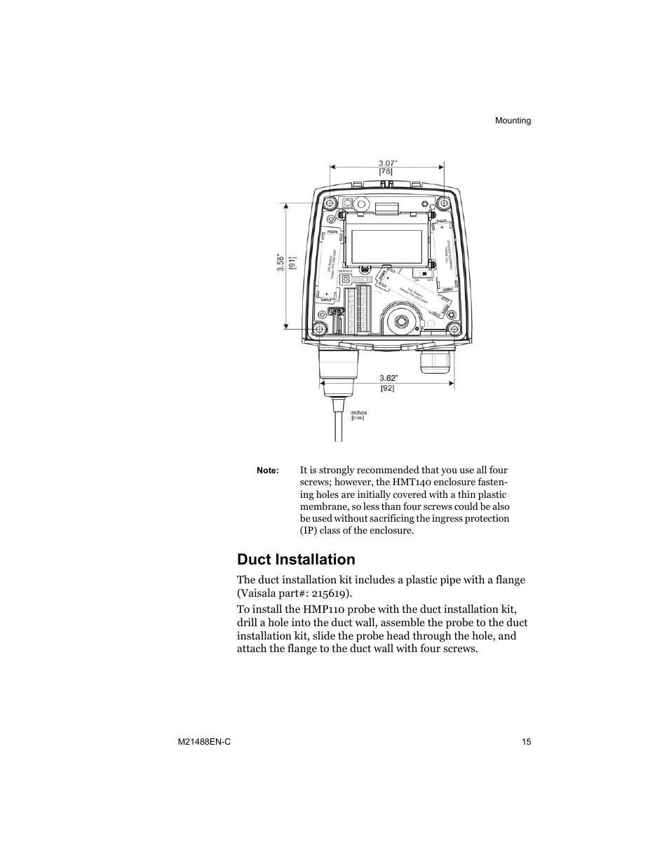 Duct installation | Vaisala HMT140 User Manual | Page 23 / 76