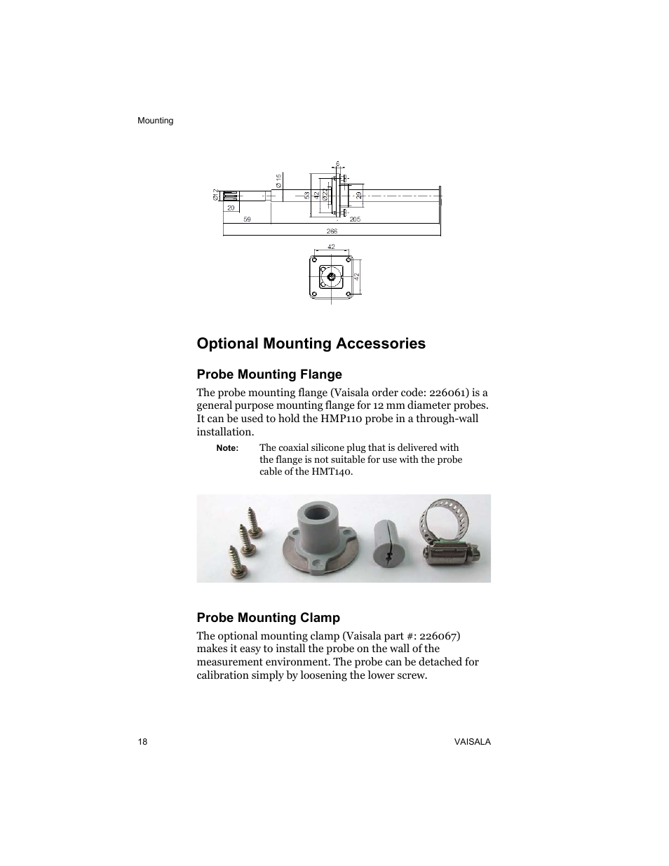 Optional mounting accessories, Probe mounting flange, Probe mounting clamp | Vaisala HMT140 User Manual | Page 26 / 76