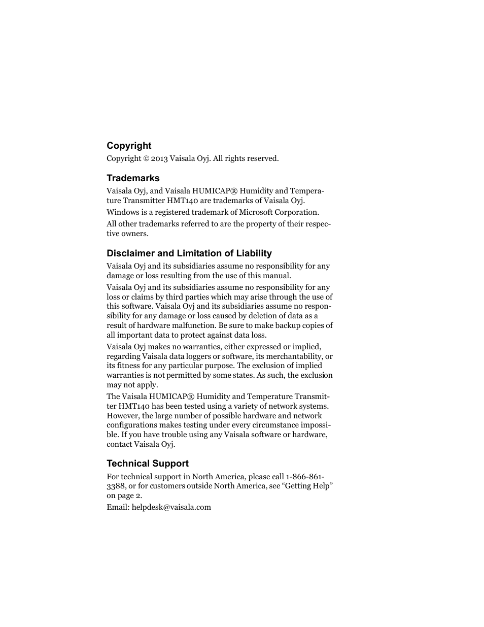 Copyright, Trademarks, Disclaimer and limitation of liability | Technical support | Vaisala HMT140 User Manual | Page 3 / 76