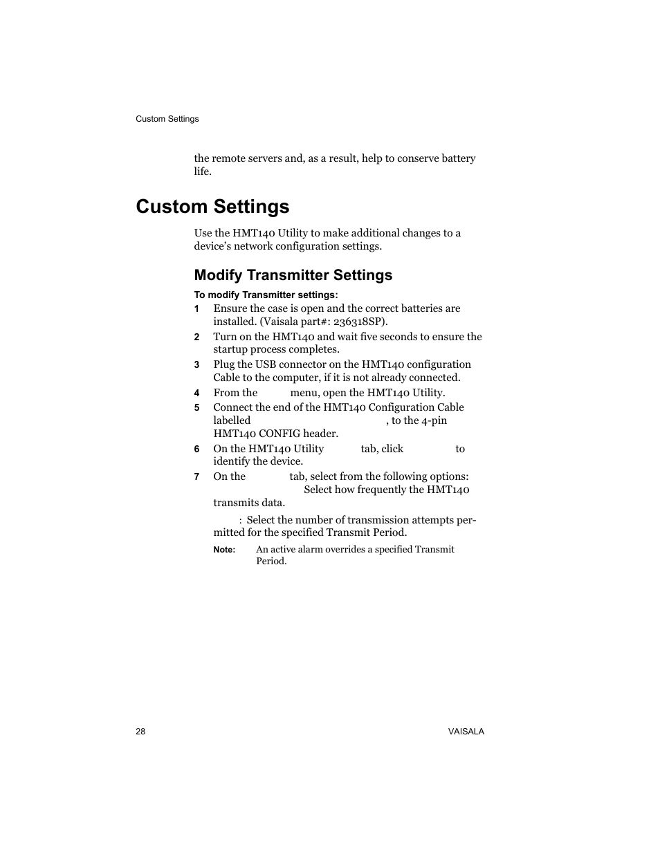 Custom settings, Modify transmitter settings | Vaisala HMT140 User Manual | Page 36 / 76