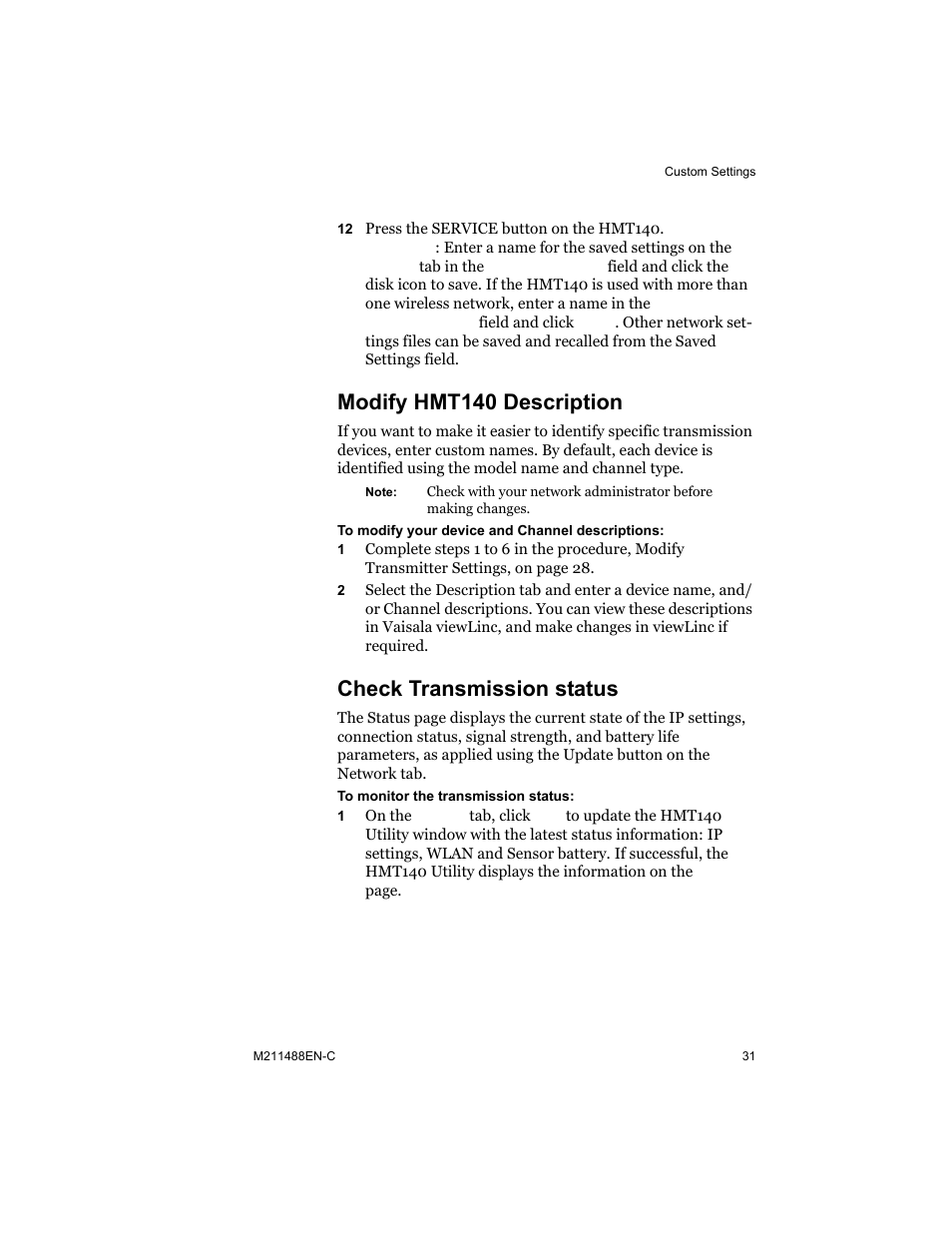 Modify hmt140 description, Check transmission status | Vaisala HMT140 User Manual | Page 39 / 76