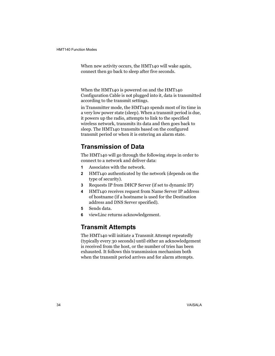 Transmitter mode, Transmission of data, Transmit attempts | Transmission of data transmit attempts | Vaisala HMT140 User Manual | Page 42 / 76