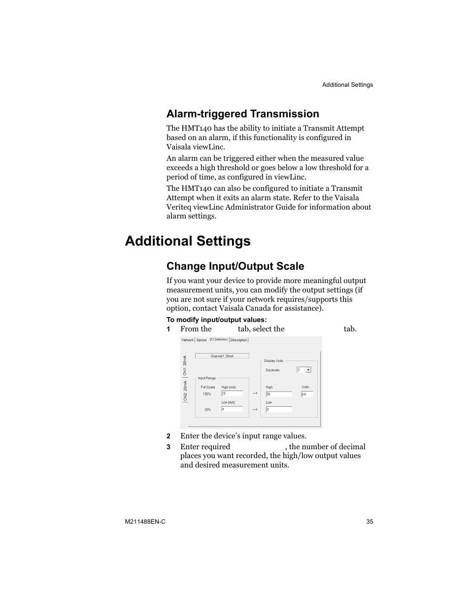 Alarm-triggered transmission, Additional settings, Change input/output scale | Vaisala HMT140 User Manual | Page 43 / 76