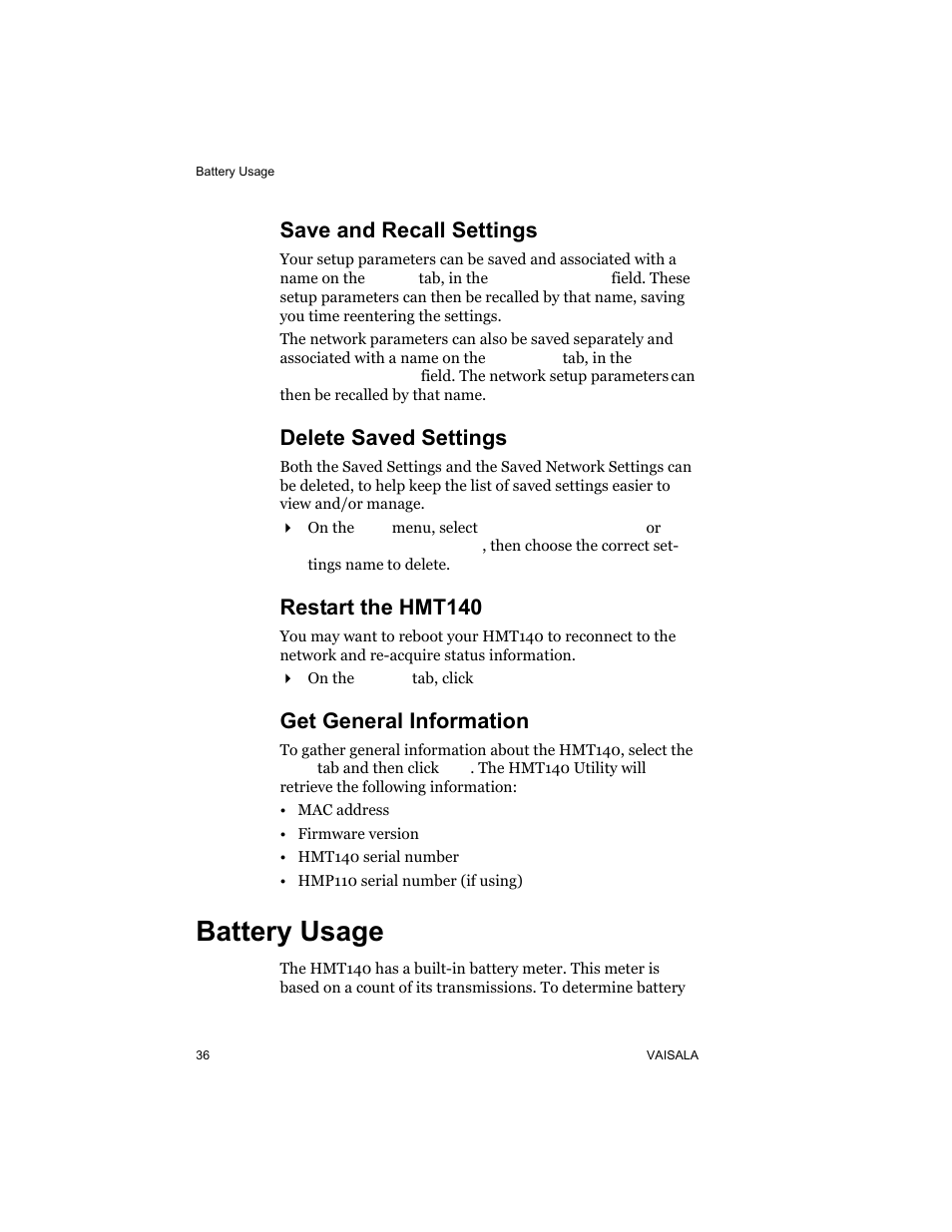 Save and recall settings, Delete saved settings, Restart the hmt140 | Get general information, Battery usage | Vaisala HMT140 User Manual | Page 44 / 76