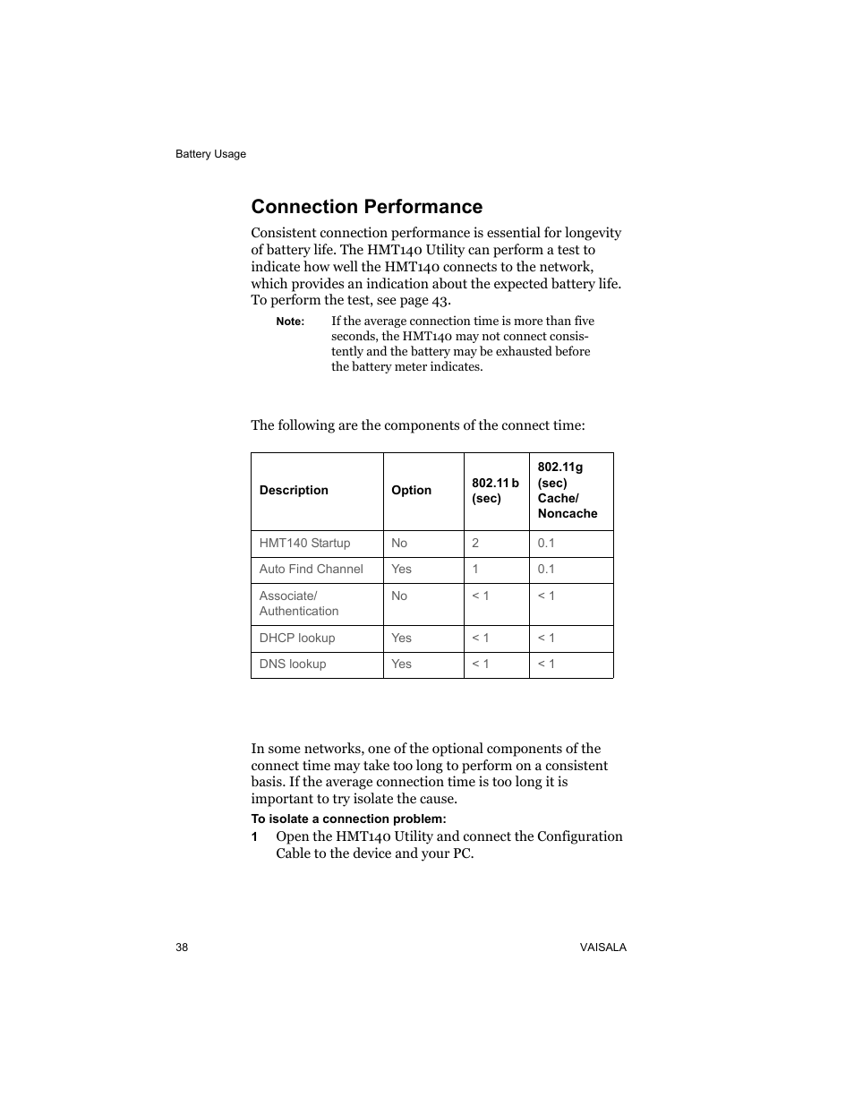 Connection performance, Connect times, Determining connection problems | Vaisala HMT140 User Manual | Page 46 / 76