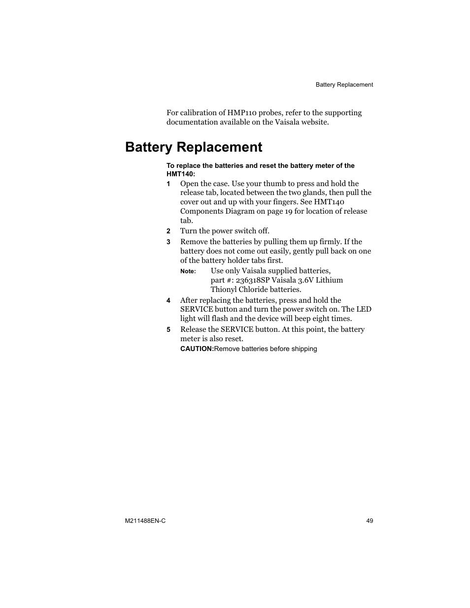 Battery replacement | Vaisala HMT140 User Manual | Page 57 / 76