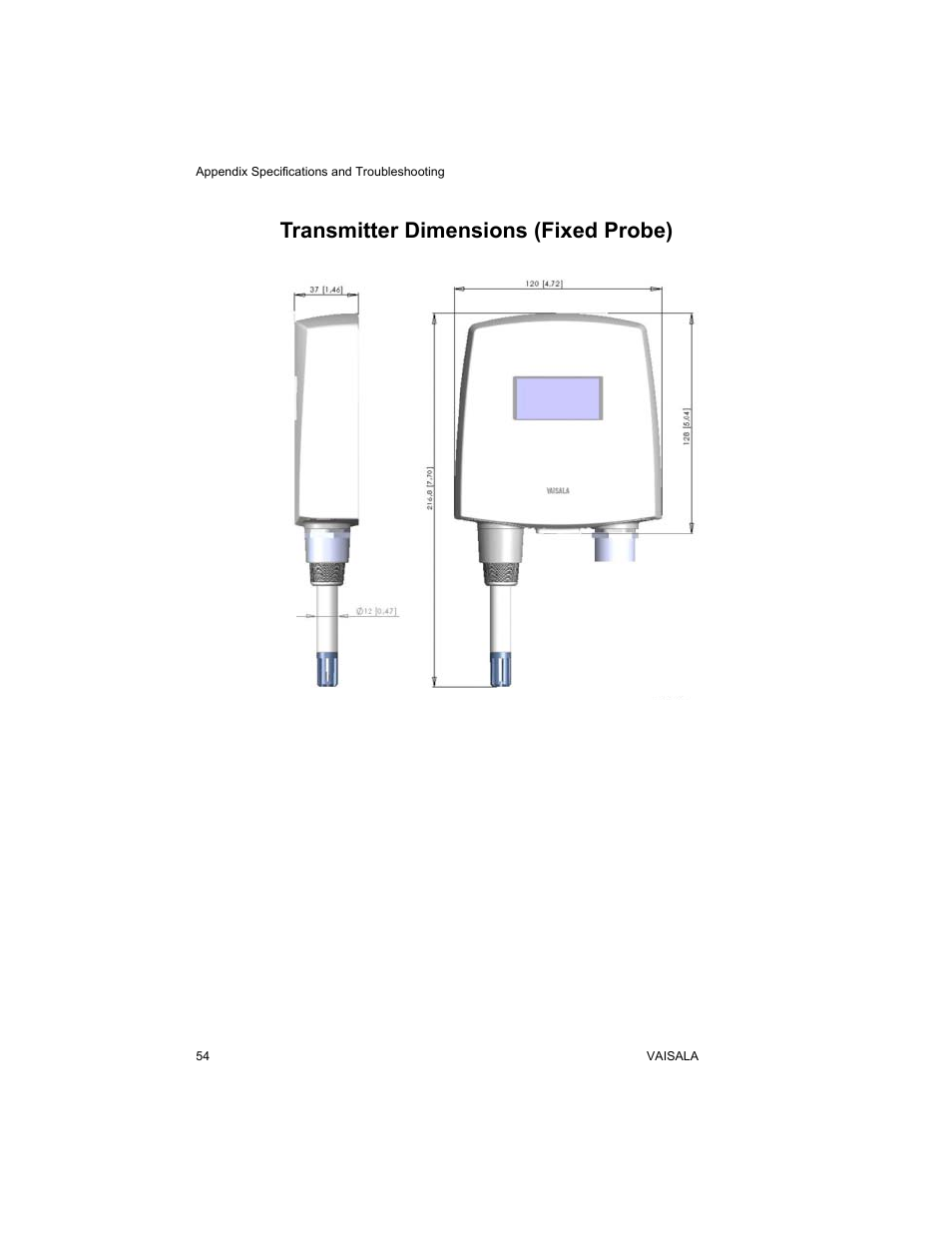 Transmitter dimensions (fixed probe), Transmitter dimensions (fixed probe) tra | Vaisala HMT140 User Manual | Page 62 / 76