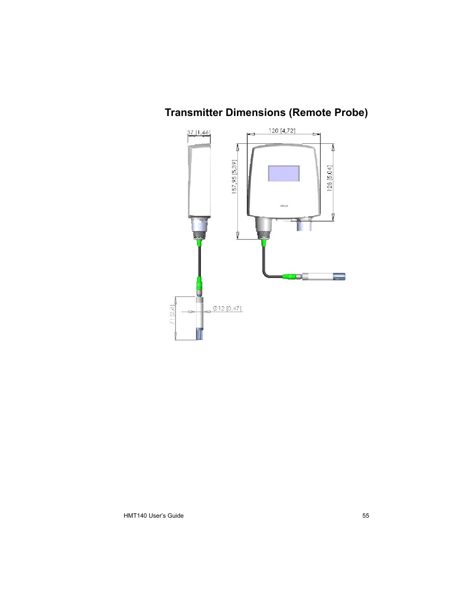 Transmitter dimensions (remote probe), Nsmitter dimensions (remote probe) | Vaisala HMT140 User Manual | Page 63 / 76