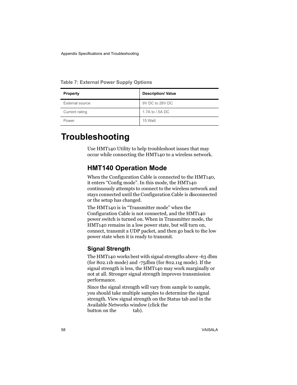 Troubleshooting, Hmt140 operation mode, Signal strength | Vaisala HMT140 User Manual | Page 66 / 76