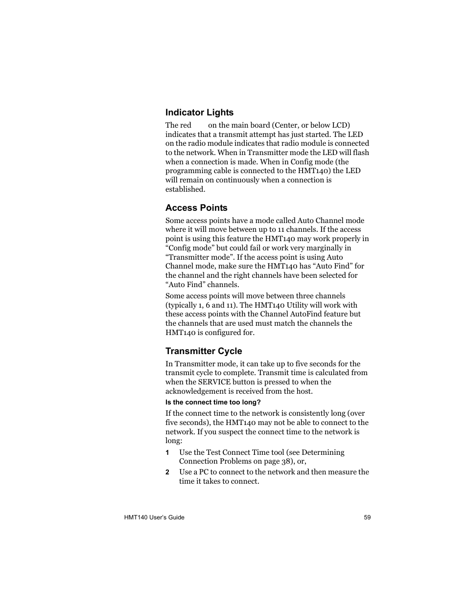 Indicator lights, Access points, Transmitter cycle | Vaisala HMT140 User Manual | Page 67 / 76