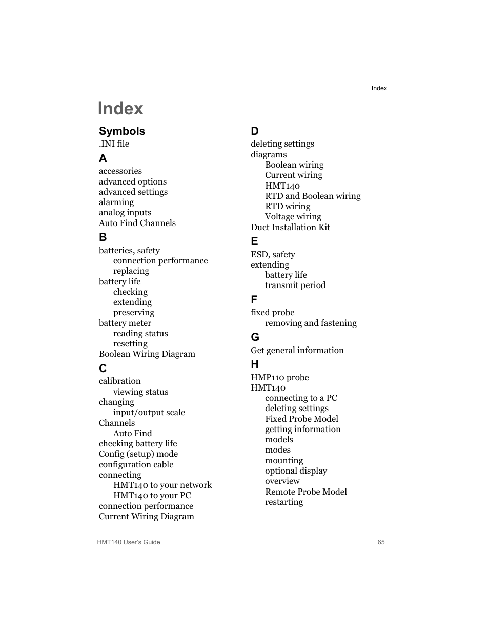 Symbols, Index | Vaisala HMT140 User Manual | Page 73 / 76