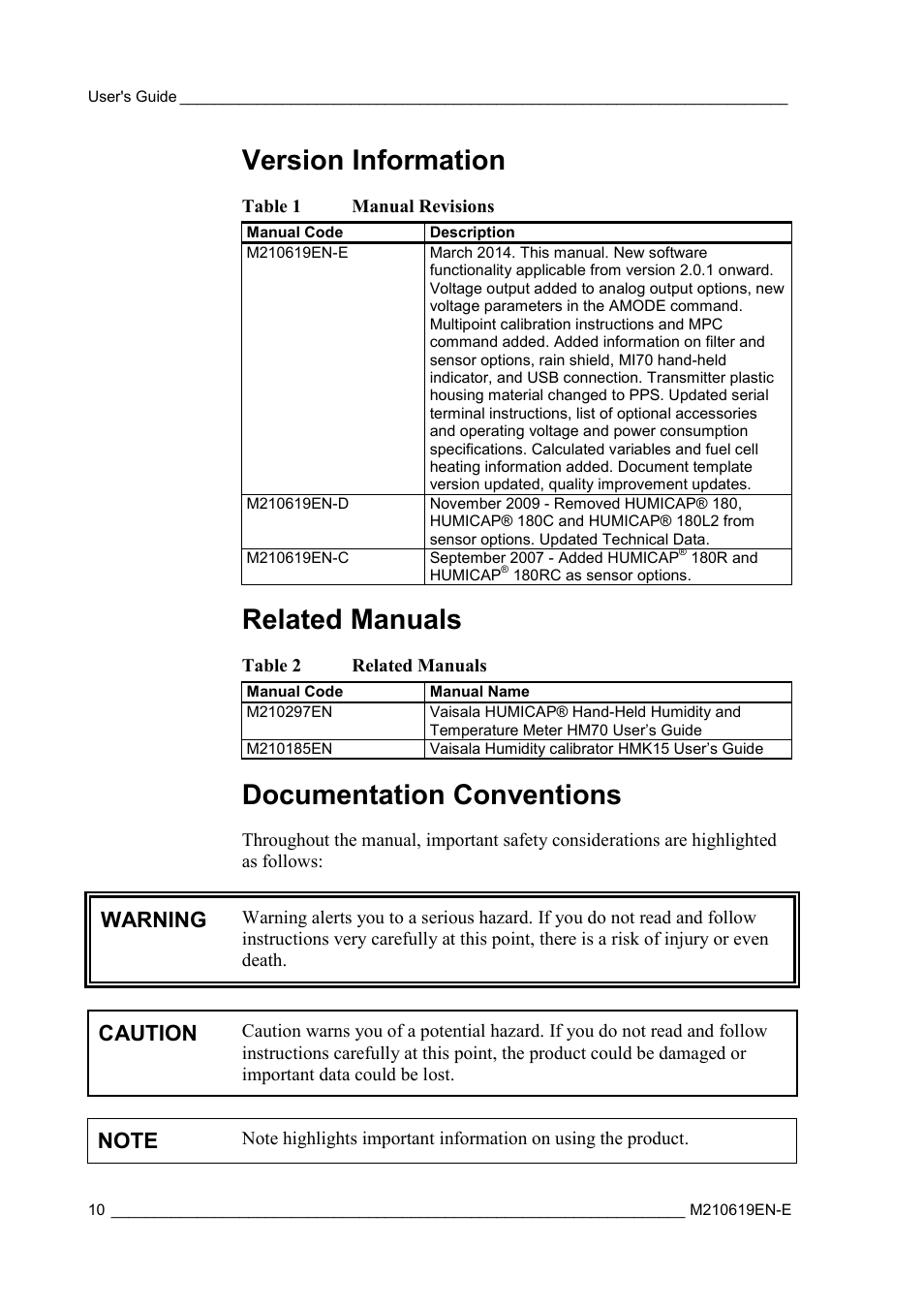 Version information, Related manuals, Documentation conventions | Table 1, Manual revisions, Table 2, Warning, Caution | Vaisala HMT310 User Manual | Page 10 / 105