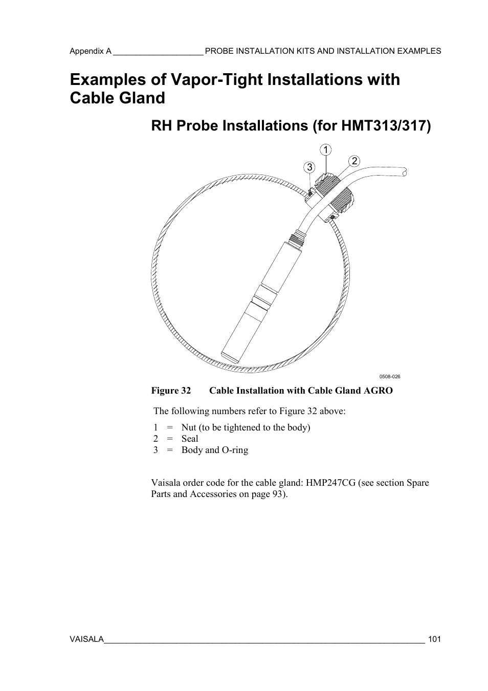 Rh probe installations (for hmt313/317), Examples of vapor-tight installations, With cable gland | Figure 32, Cable installation with cable gland agro | Vaisala HMT310 User Manual | Page 101 / 105