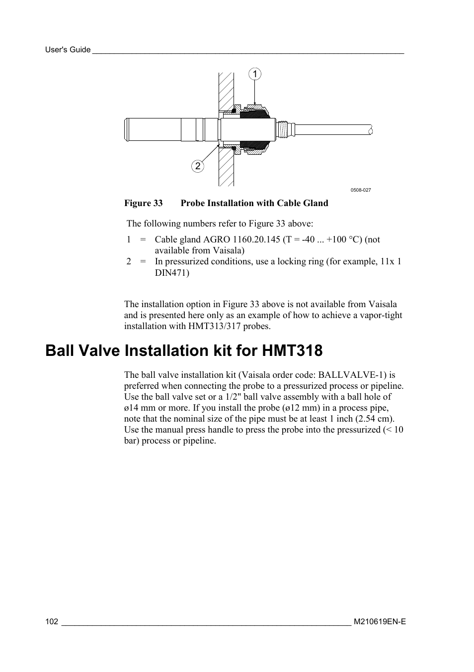 Ball valve installation kit for hmt318, Figure 33, Probe installation with cable gland | Ball valve installation kit for | Vaisala HMT310 User Manual | Page 102 / 105