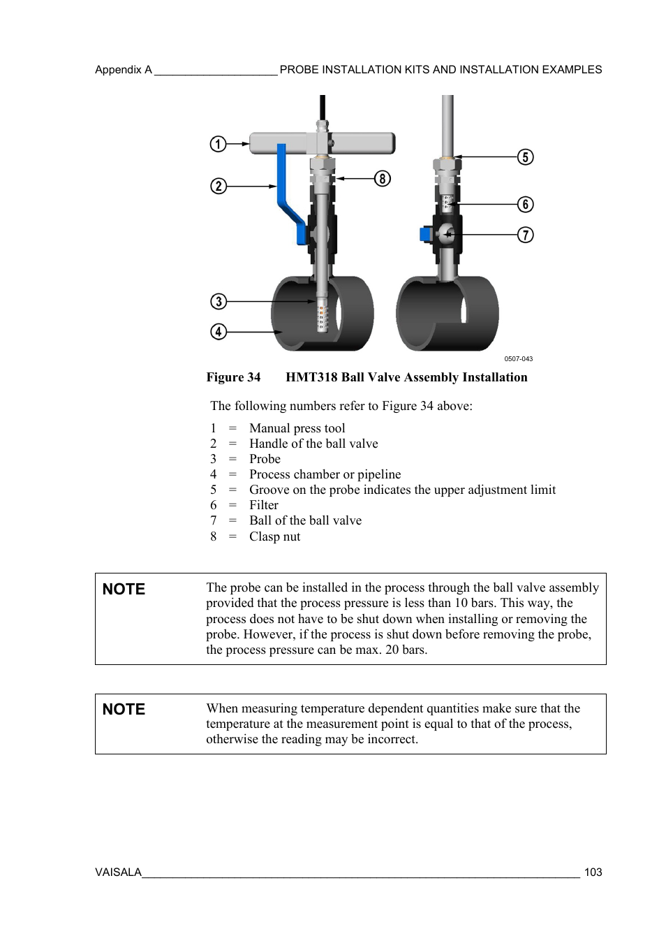 Figure 34, Hmt318 ball valve assembly installation | Vaisala HMT310 User Manual | Page 103 / 105