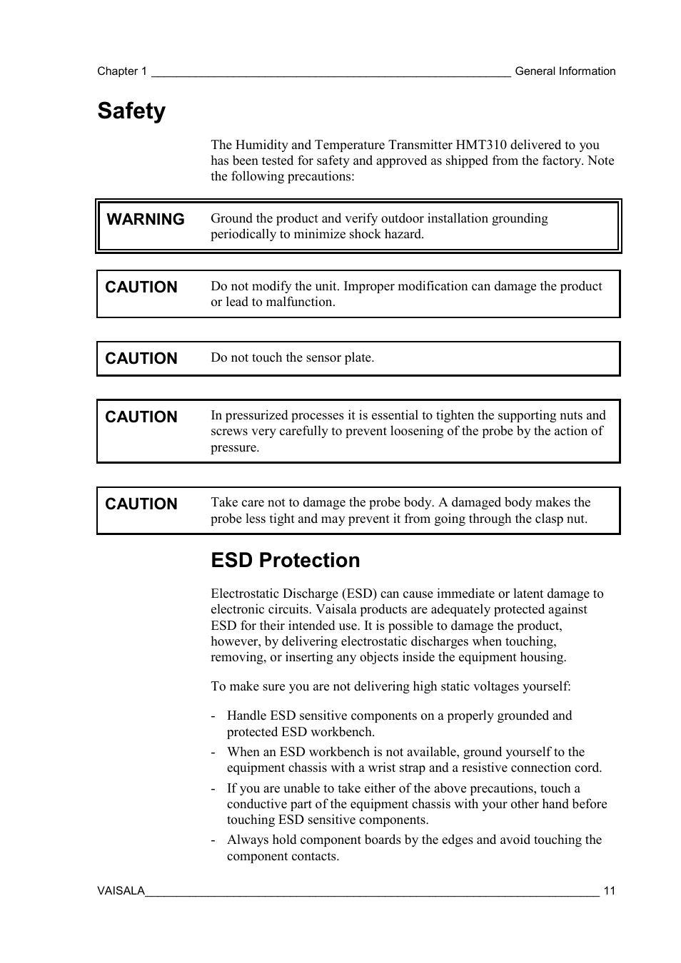 Safety, Esd protection | Vaisala HMT310 User Manual | Page 11 / 105